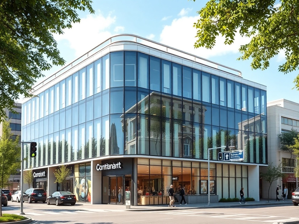 Contemporary commercial office building and retail complex showing professional investment property with glass facades