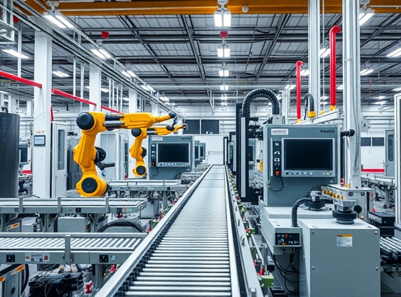 Modern manufacturing equipment and production machinery showing conveyor systems and precision manufacturing