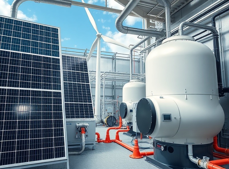 Renewable energy and boiler systems including solar panels and wind turbine components in green energy facility