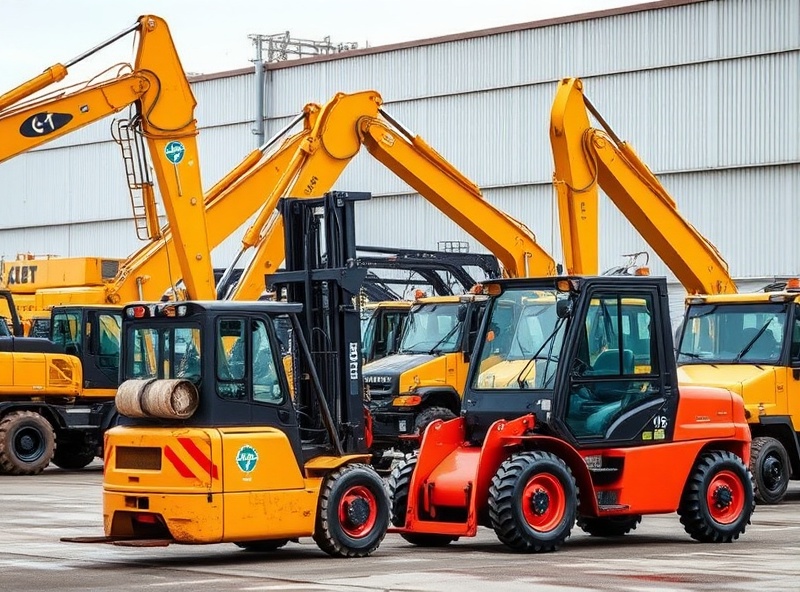Heavy plant and machinery equipment including forklifts and construction equipment in industrial setting