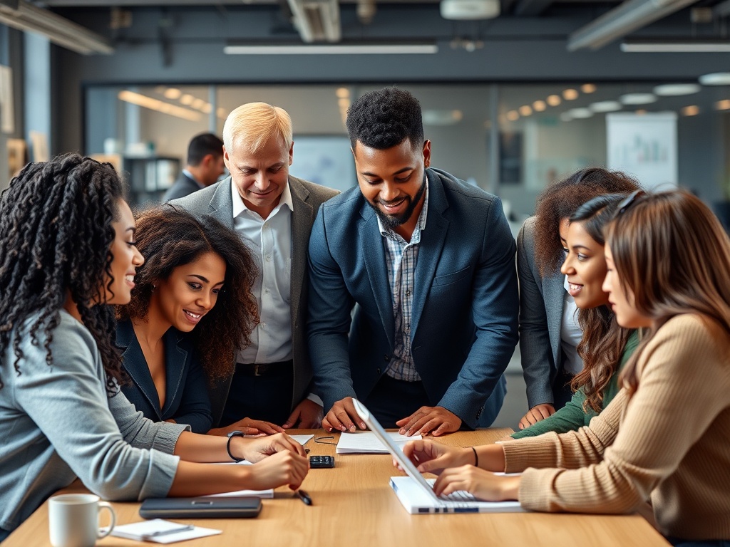 Diverse workplace showing colleagues working together harmoniously