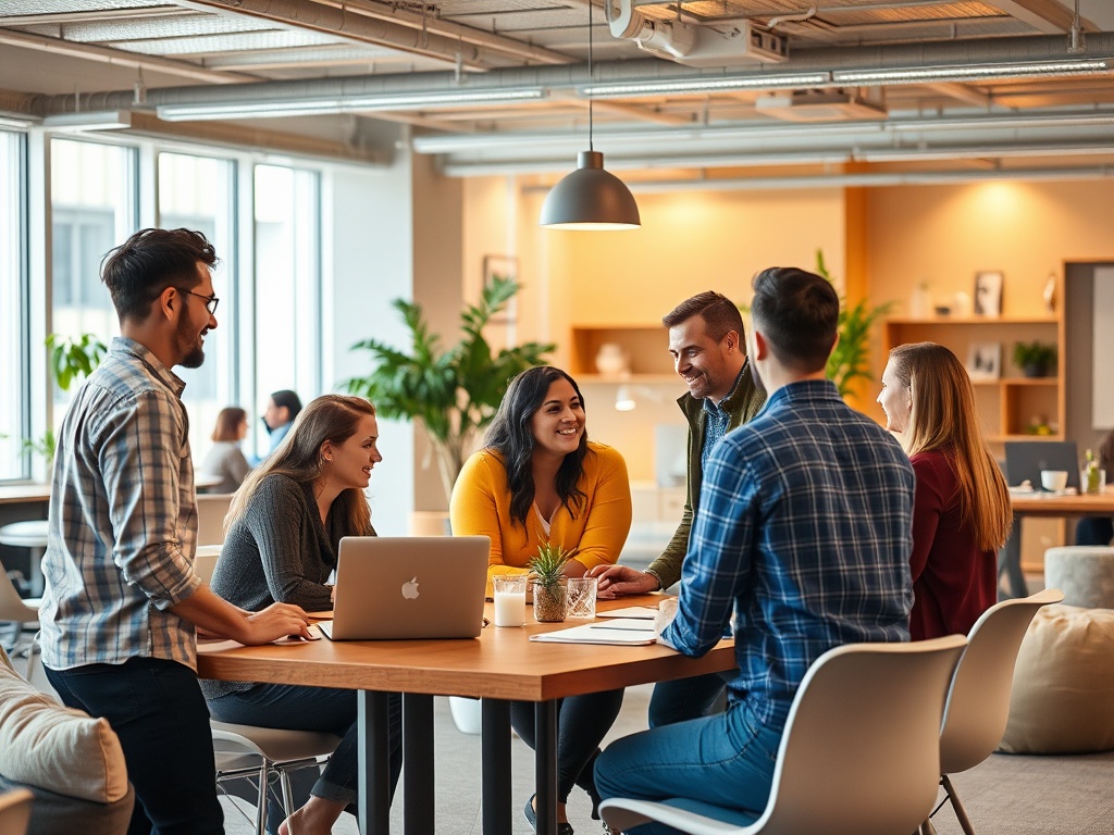 Warm workplace culture showing team members collaborating and connecting