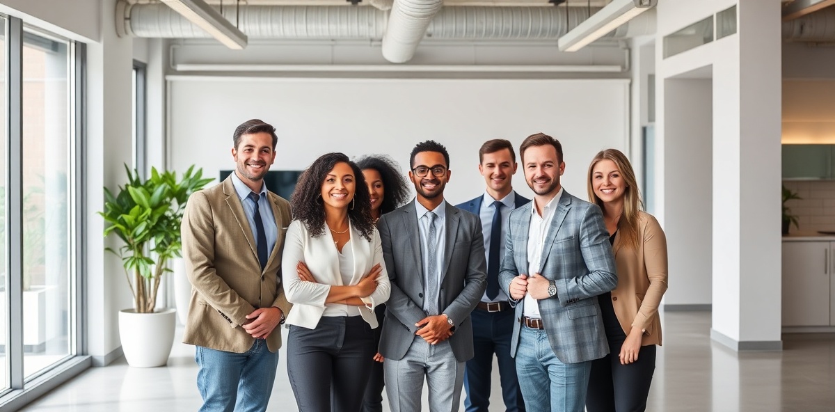 Diverse team members collaborating in a modern office environment with career growth opportunities