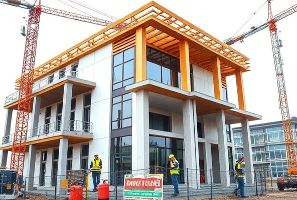 Active construction site with building framework