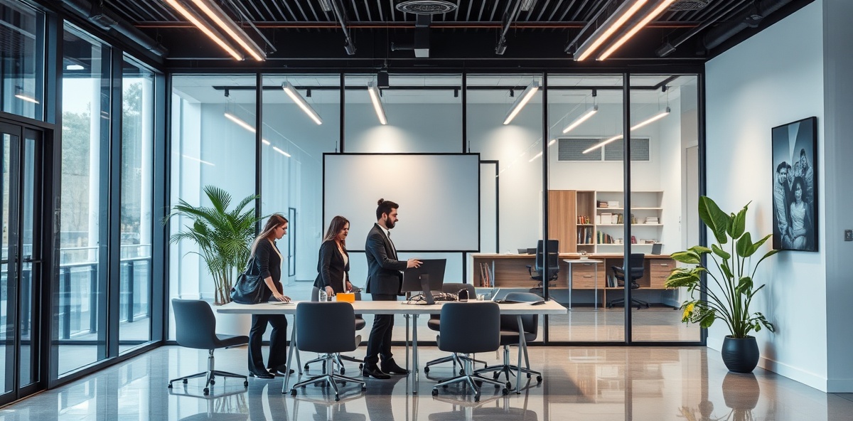 Modern office environment with professional team members