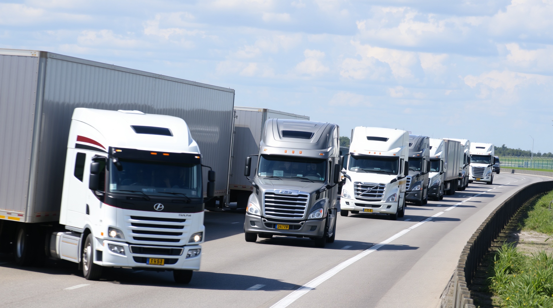 Professional fleet of commercial trucks and company vehicles in motion on highway representing business fleet operations