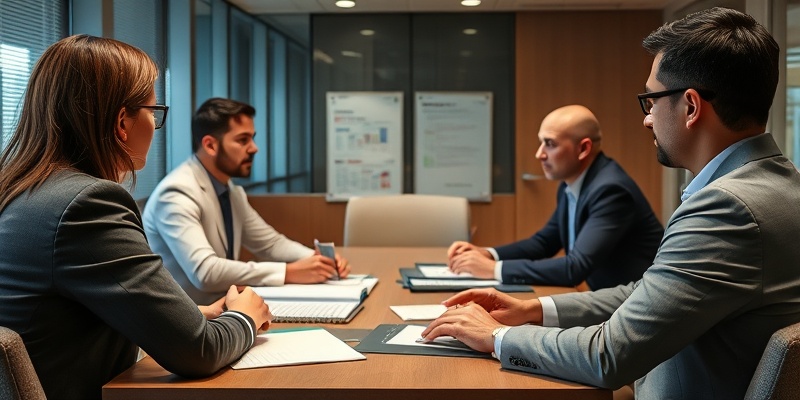 Regulatory investigation and compliance meeting showing professionals being investigated by regulators