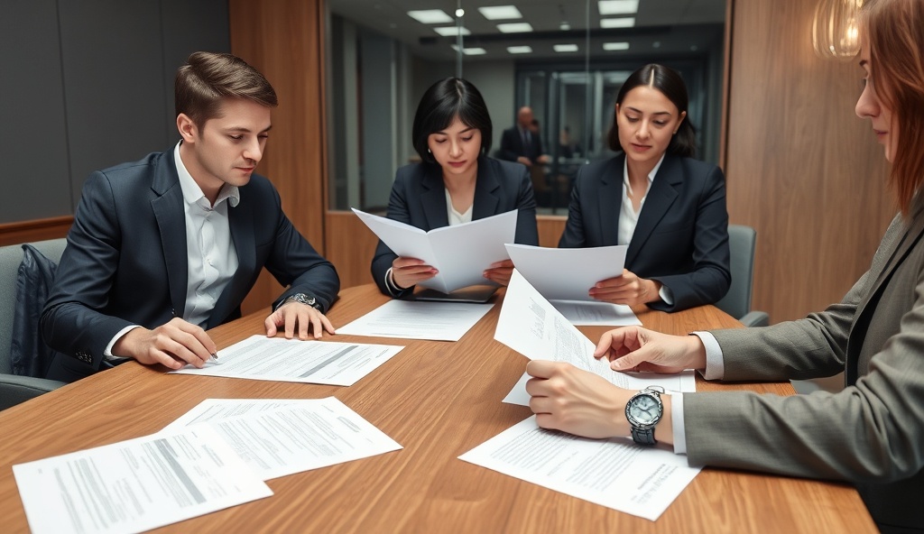 Professional business people and legal professionals reviewing legal documents and contracts in a conference room