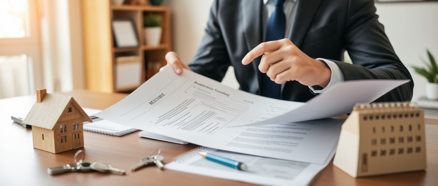 Professional landlord reviewing rental property lease documents at desk with house keys, property model, and calendar in warm office setting