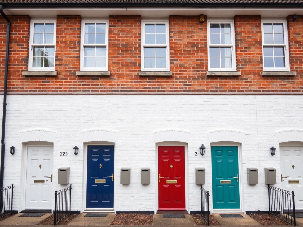 Modern HMO house with multiple separate entrance doors and mailboxes showing multi-unit residential conversion