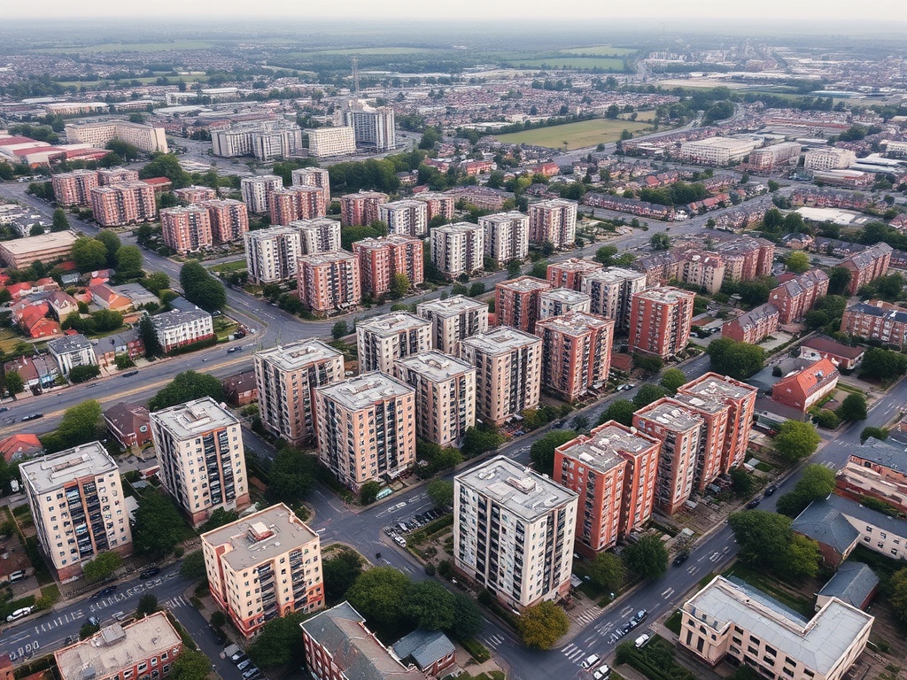 Aerial view of multiple residential apartment buildings and properties forming a diverse real estate portfolio