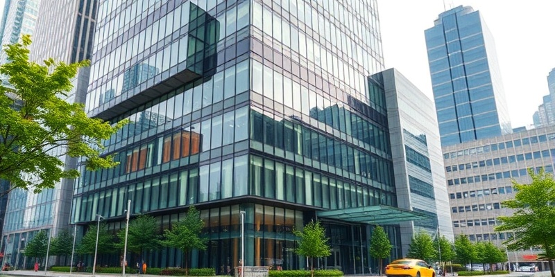 Modern corporate headquarters building with glass and steel architecture in business district