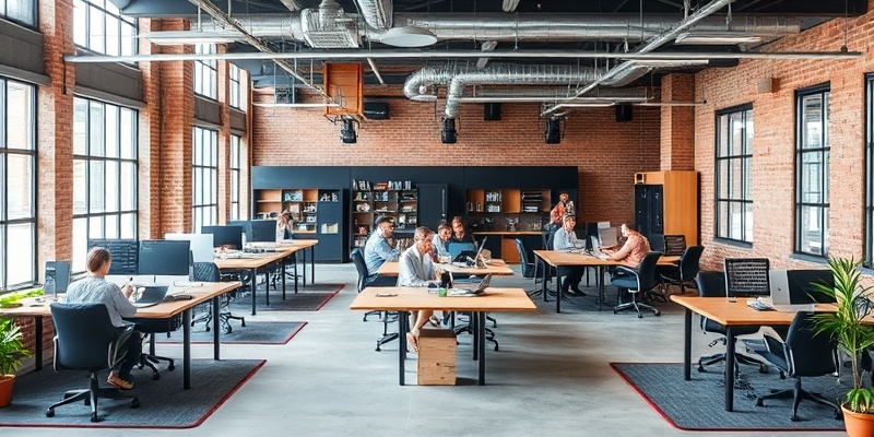 Contemporary co-working space with open desk areas and diverse professionals collaborating