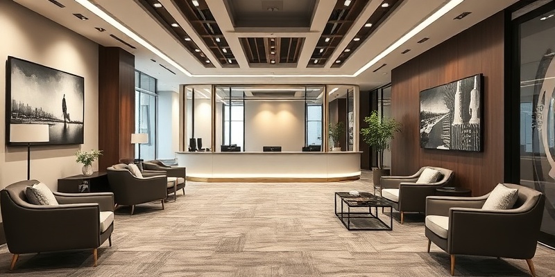 Upscale serviced office reception area with modern professional furnishings