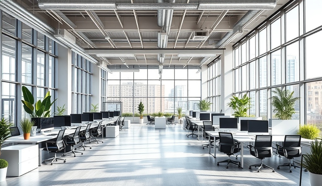 Modern professional office interior with bright natural lighting, open-plan workspace design, contemporary furnishings, and collaborative business environment