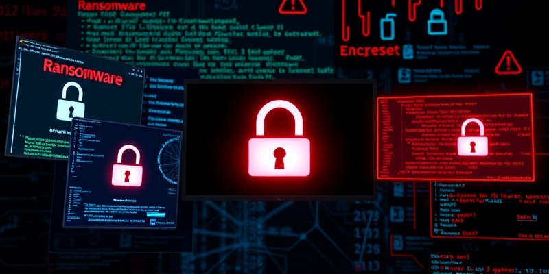 Malware and ransomware attack showing locked screens and infected systems with extortion demands