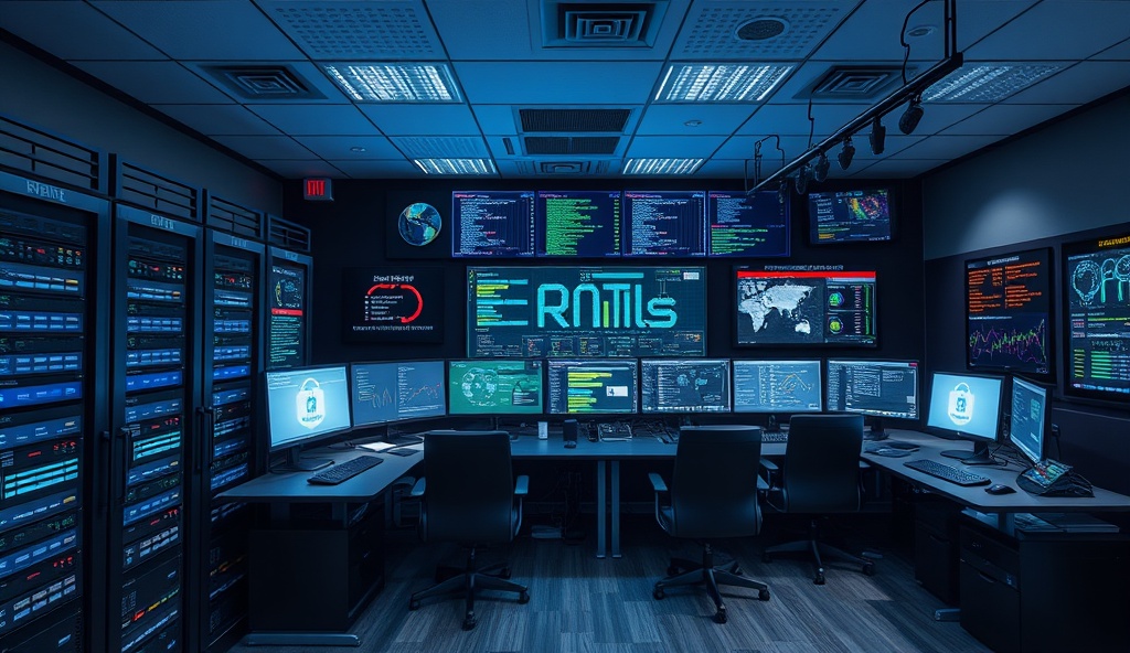 Professional cybersecurity operations center showing servers, data networks, and digital security monitoring technology