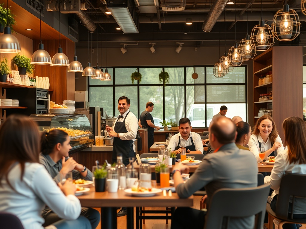 Restaurant and hospitality business with staff serving customers in a welcoming dining environment