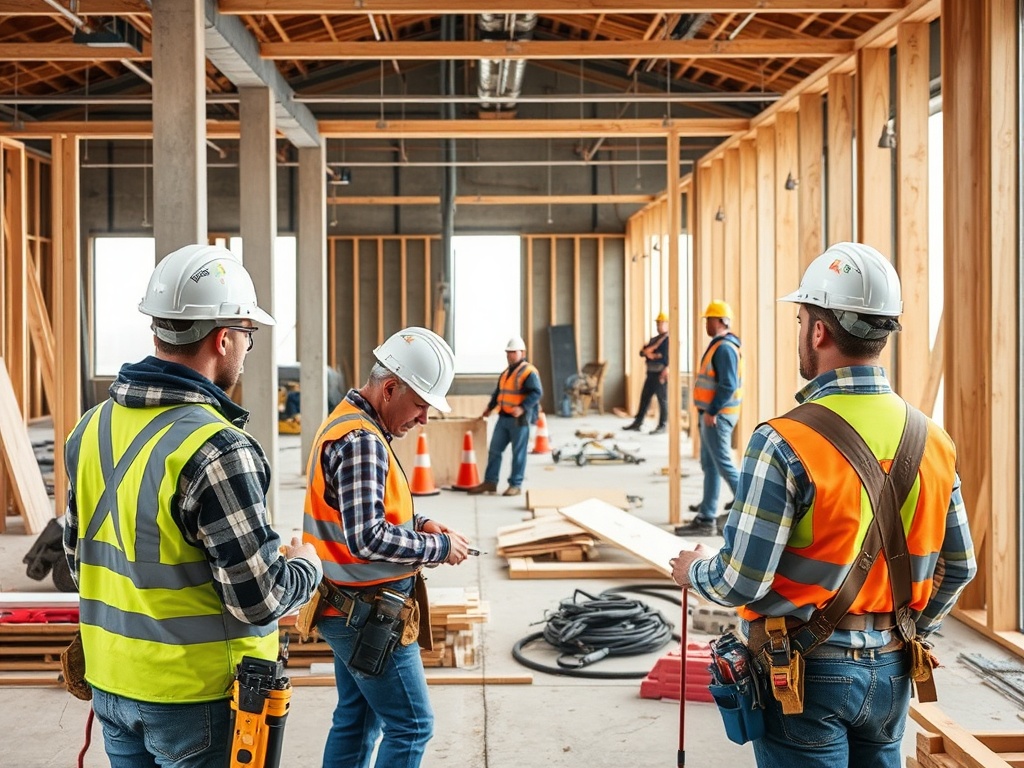 Skilled tradespeople and contractors working on a construction project at a professional worksite