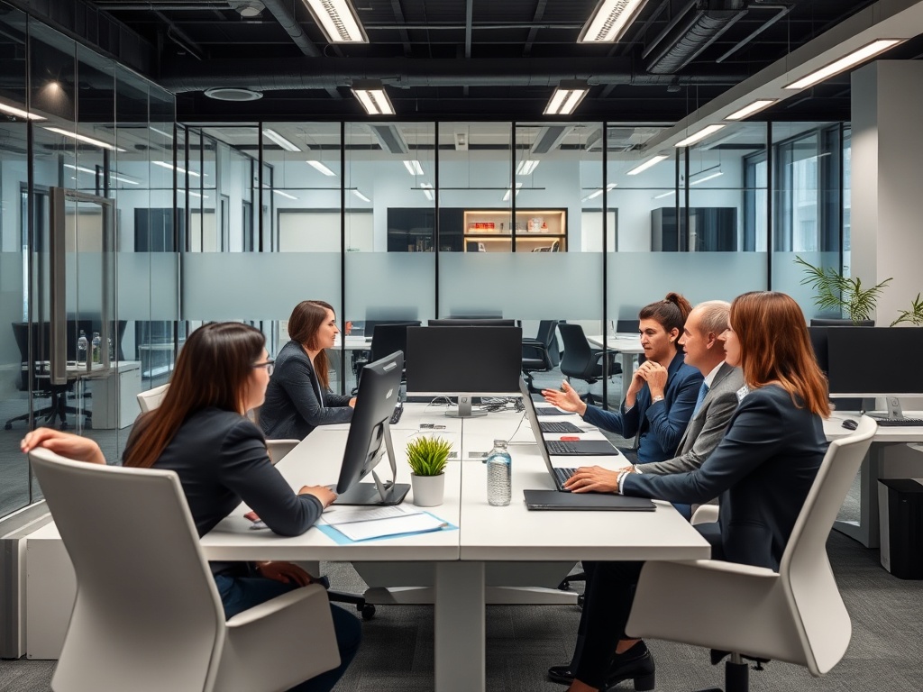Office professionals working in a modern corporate environment with meeting rooms and collaborative spaces