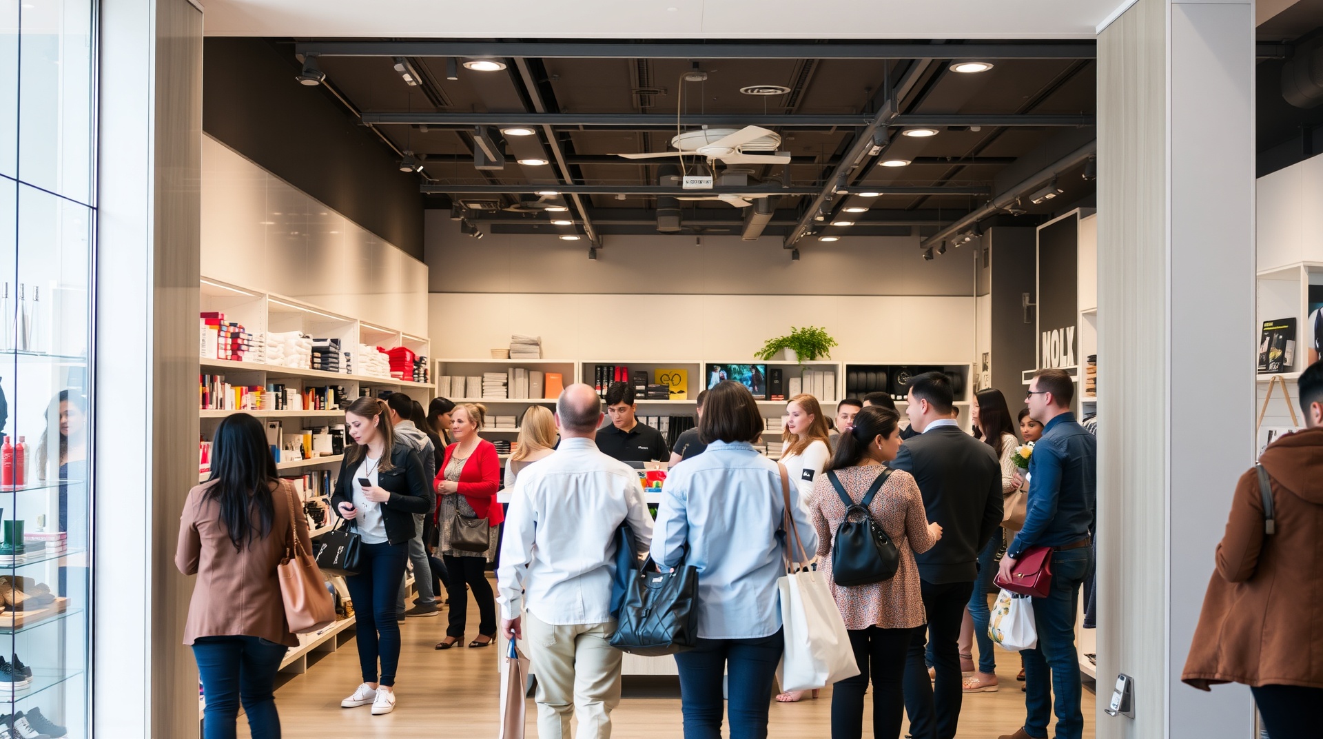 Professional retail storefront with diverse customers shopping and staff providing excellent customer service in a modern business environment