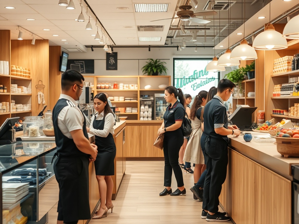 Retail and hospitality workplace with employees working in professional service environment
