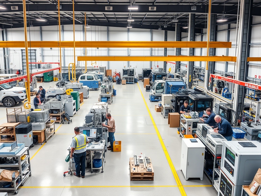 Manufacturing and industrial workplace with workers operating machinery and equipment professionally