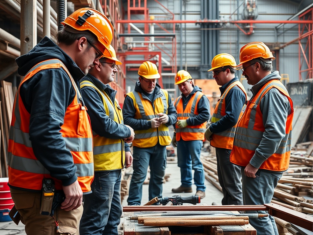 Skilled trades and contractors workplace with workers in safety gear on professional worksite