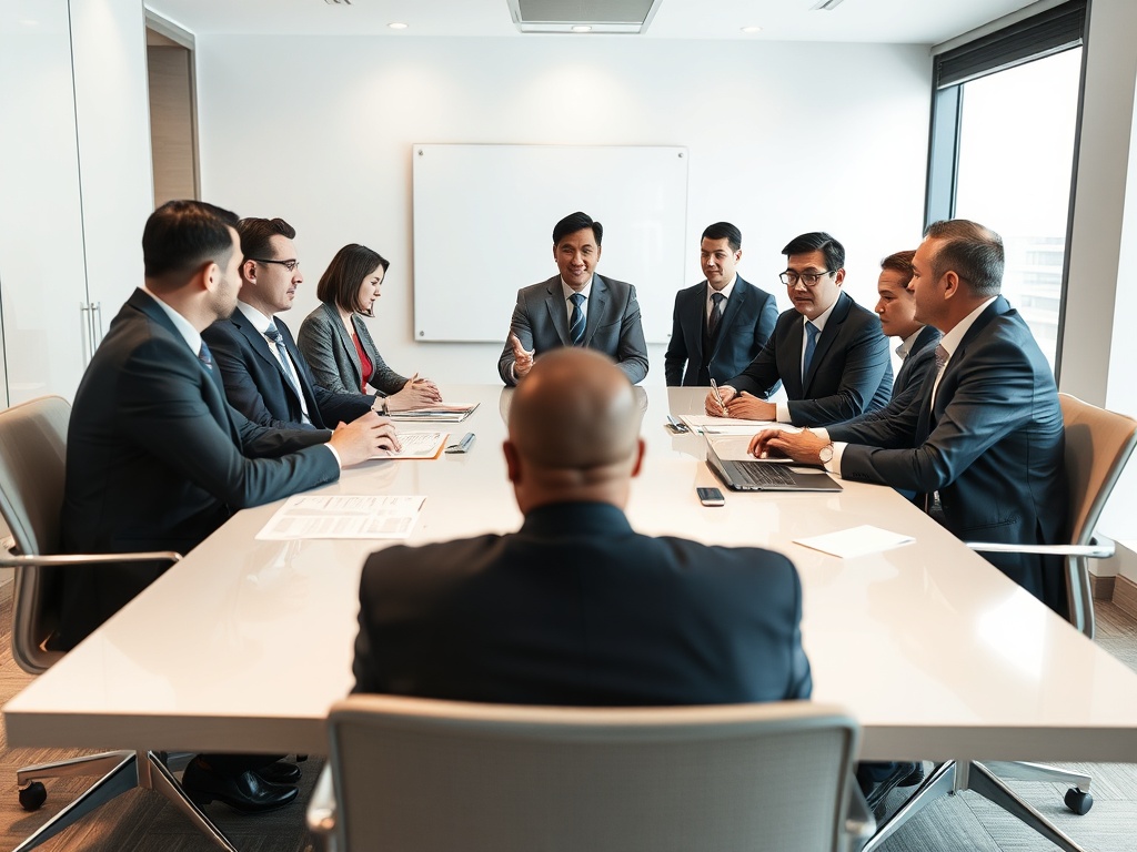Company directors and officers in corporate boardroom discussing business strategy