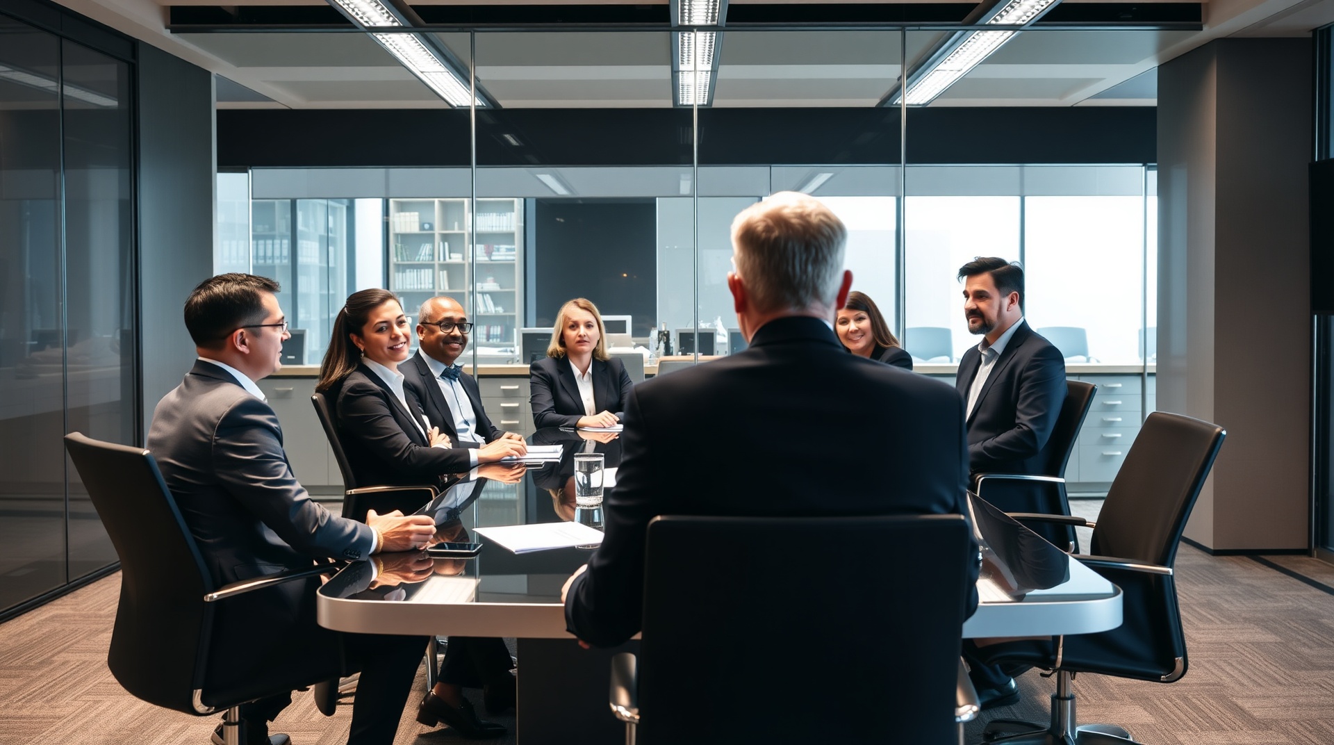 Modern corporate boardroom with leadership team having strategic meeting around conference table with glass windows