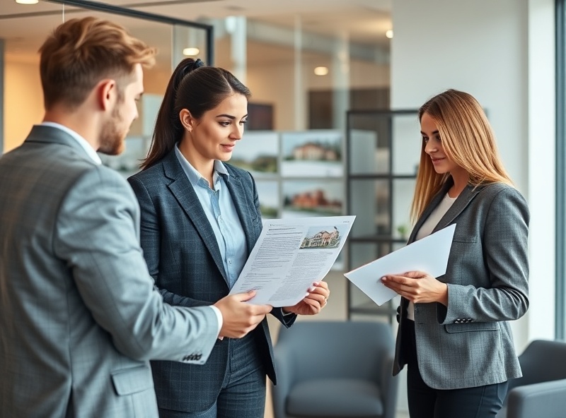 Estate agent professional showing property details to clients