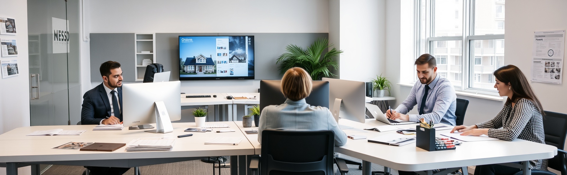 Professional property management office with team working on properties portfolio