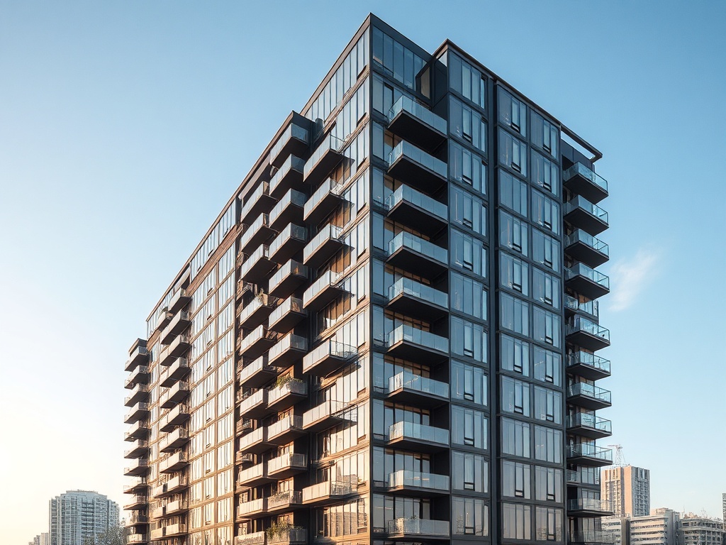 Tall multi-story residential building with contemporary glass and metal facade showing modern architecture