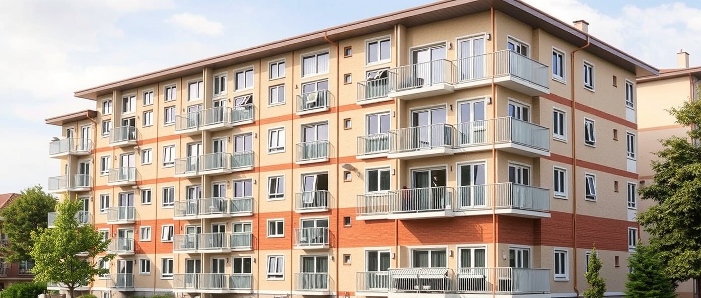Professional residential block of flats with multiple units and well-maintained exterior in urban residential setting