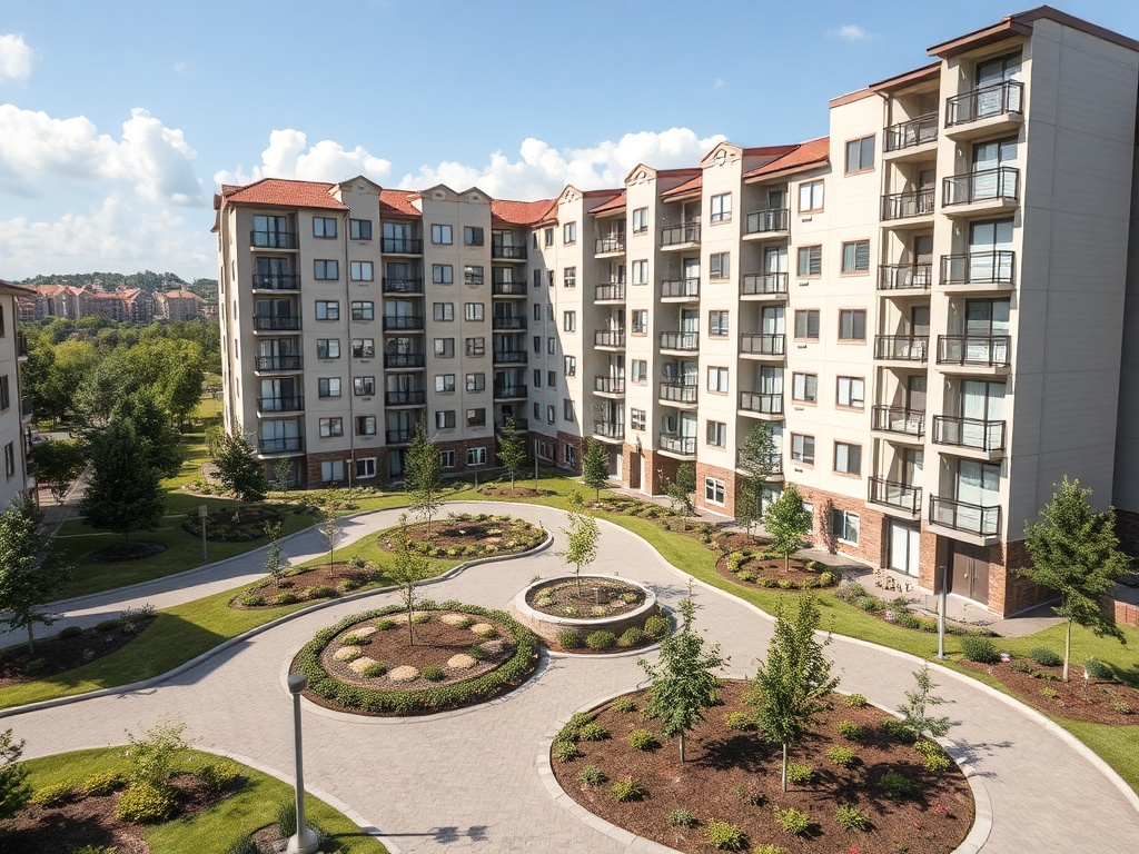 Purpose-built apartment complex with unified design, professional landscaping, and dedicated residential development