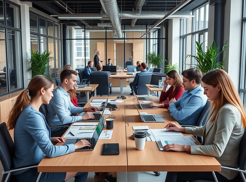 Independent consultants and freelancers working in collaborative modern office space