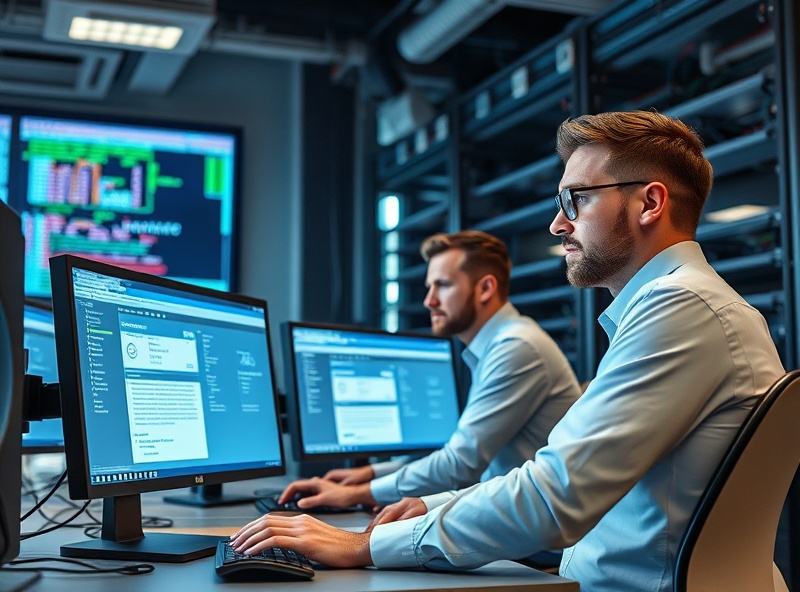Technology and IT services professionals working at computer stations and network infrastructure
