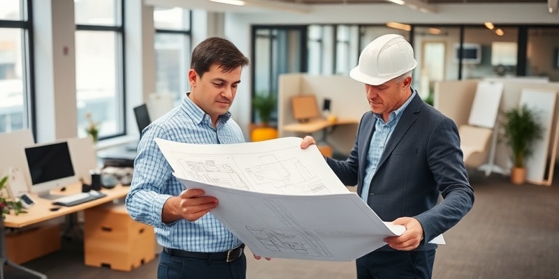 Professional architect, surveyor, or engineer reviewing blueprints and technical documents in office
