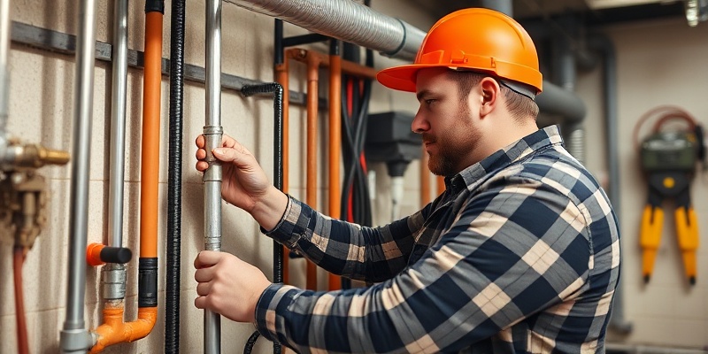 Professional plumber, electrician, or mechanical services engineer working on pipes and electrical systems