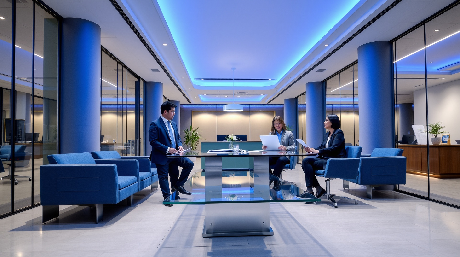 Professional claims specialists in modern office discussing insurance claim files