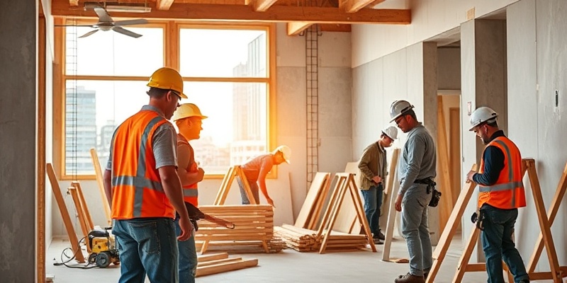 Professional construction and building site with builders, carpenters, and contractors working on building project