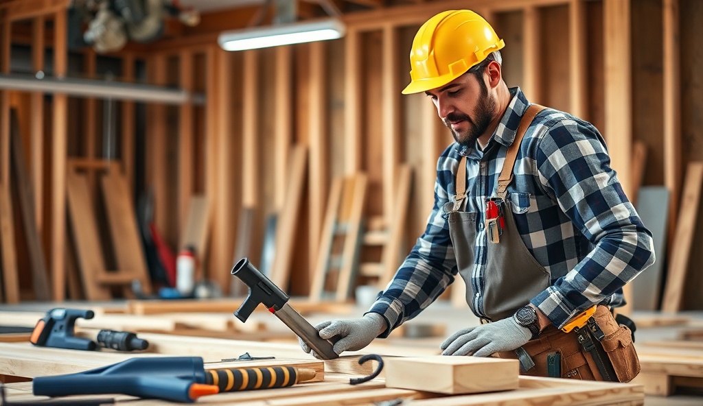 Professional skilled tradesman working on construction site with tools demonstrating craftsmanship and expertise