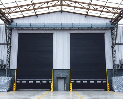 Industrial warehouse building with large doors and metal framework
