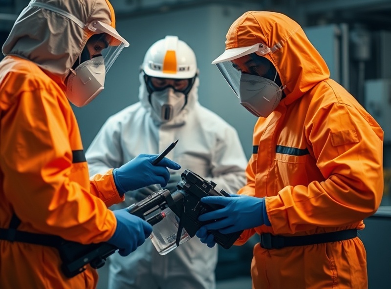Specialized hazmat response team in protective gear conducting threat assessment and professional response