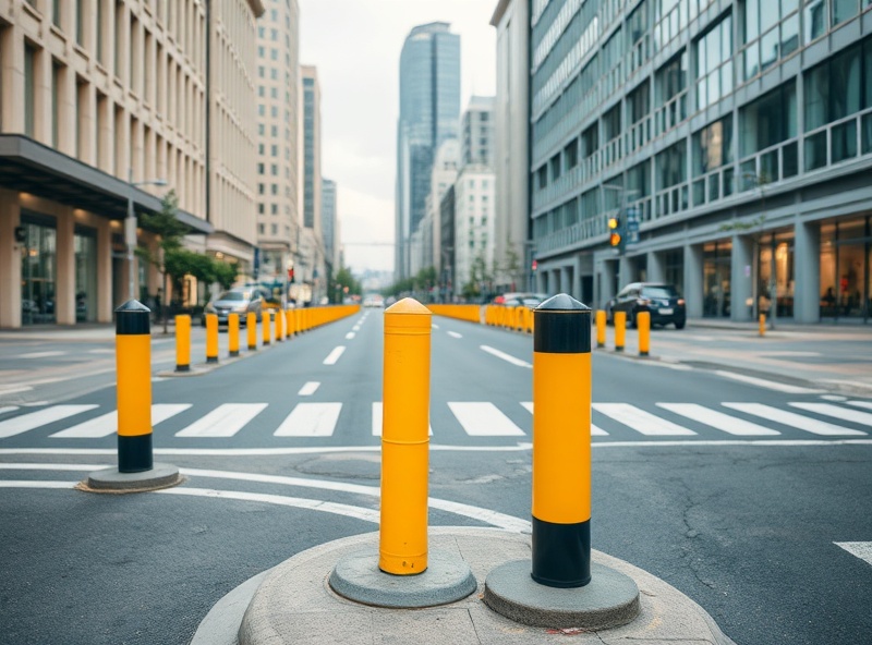 Urban street with protective bollards and vehicle barriers demonstrating security measures and resilience infrastructure