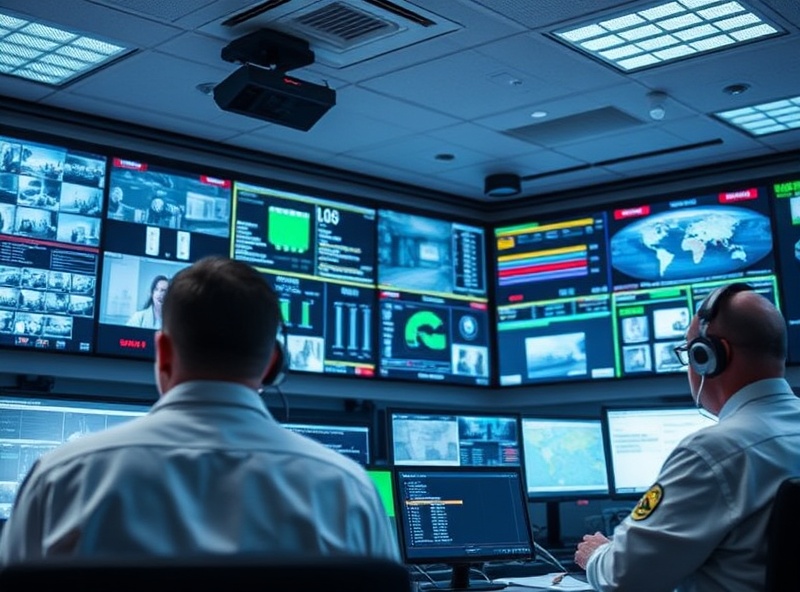 Modern security control centre with professional monitoring systems and emergency response coordination