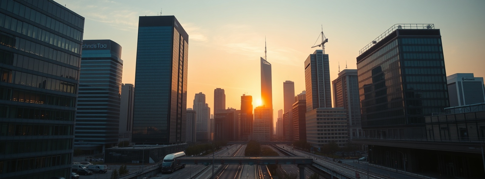 Professional modern cityscape at dawn showing office buildings and security infrastructure symbolizing urban resilience and protection