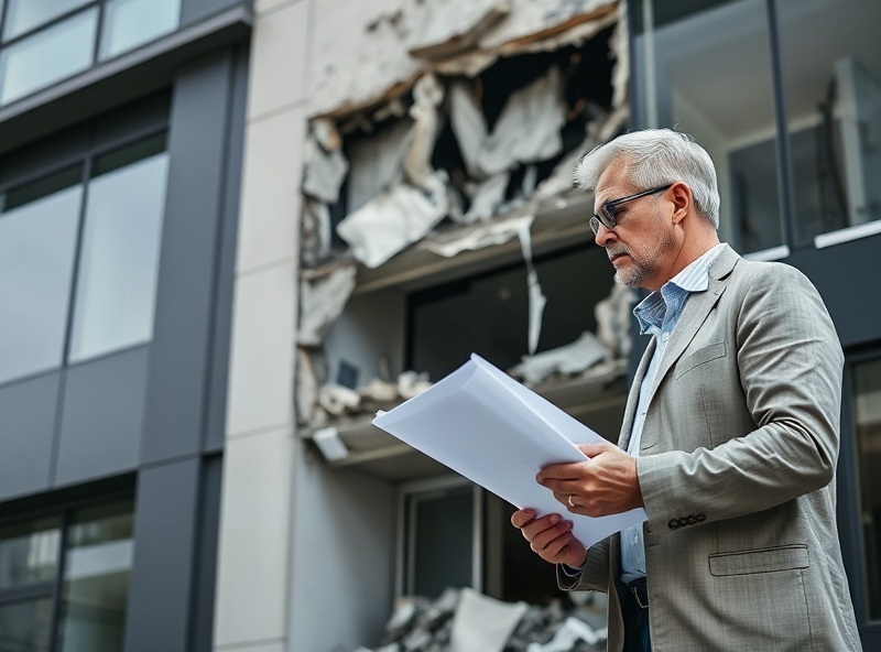 Structural damage assessment of building facade after explosion showing professional insurance evaluation