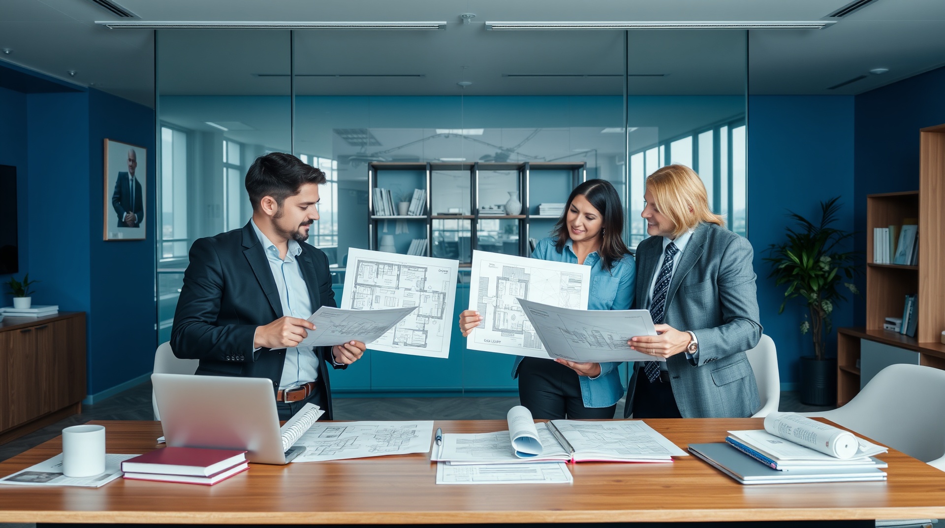 Property managers reviewing real estate portfolios and architectural plans