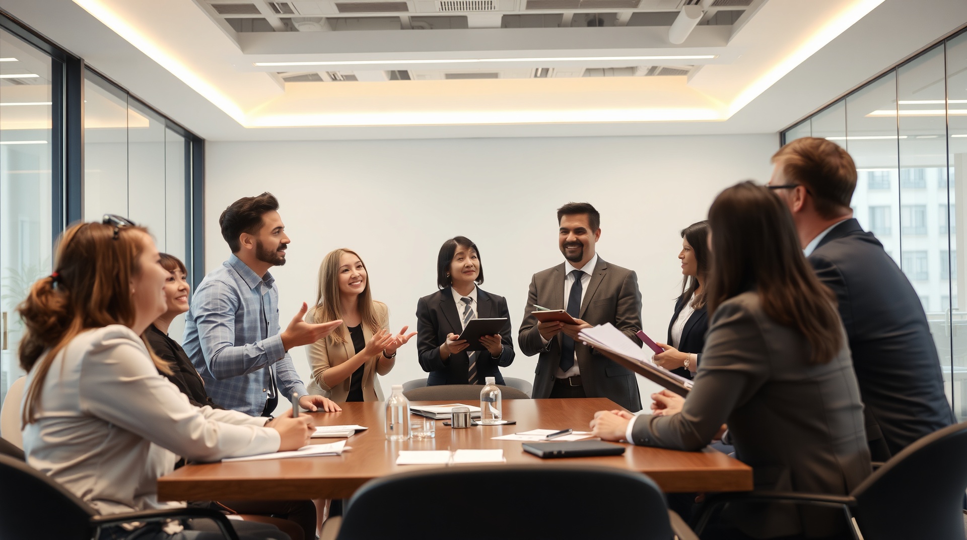 Professional business team in meeting discussing management and governance issues in modern office environment